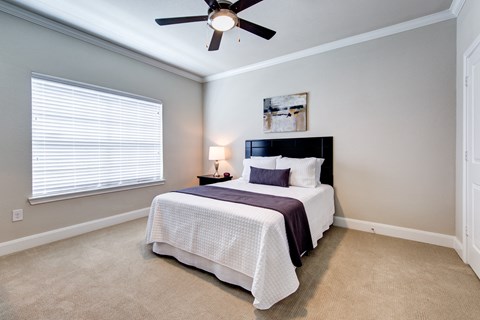 A bedroom with a bed, a ceiling fan, and a window with blinds.