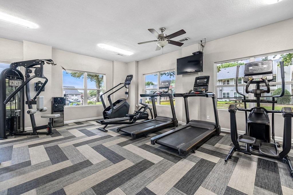 the gym has plenty of cardio equipment and windows