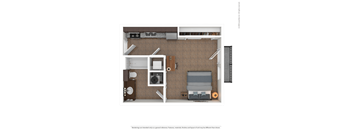 A floor plan of a small apartment with a kitchen, living room, and bathroom.