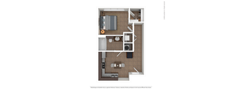 A 3D rendered image of a small apartment layout.