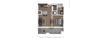 A floor plan of a small apartment with a kitchen, living room, and bathroom.