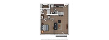 A floor plan of a small apartment with a kitchen, living room, and bedroom.