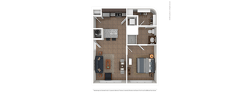 A detailed 3D floor plan of a small apartment layout.