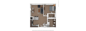 A floor plan of a small apartment with a kitchen, living room, and bathroom.