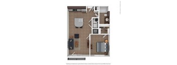 A floor plan of a small apartment with a kitchen, living room, and bedroom.