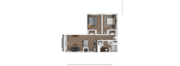 A 3D rendered image of a small apartment layout.