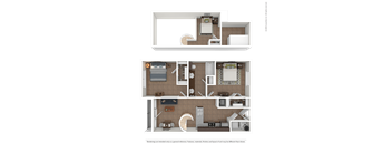 A detailed 3D floor plan of a two-bedroom apartment.