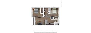 A floor plan of a small apartment with a bedroom, living room, and kitchen.