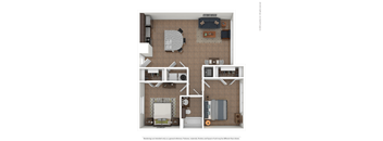 A 3D floor plan of a small apartment with a kitchen, living room, and bedroom.