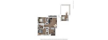A floor plan of a house with a kitchen, living room, and two bedrooms.