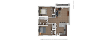 A detailed 3D floor plan of a two-bedroom apartment.