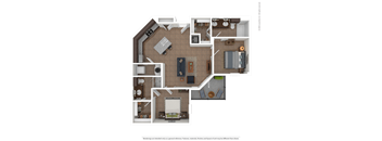 A floor plan of a two-bedroom apartment with a living room, kitchen, and bathroom.