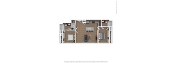 A 3D floor plan of a house showing a kitchen, living room, and two bedrooms.