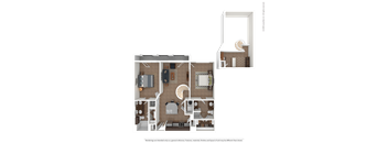 A detailed 3D floor plan of a small apartment layout.