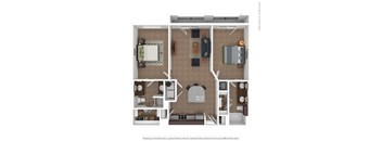 A floor plan of a small apartment with a kitchen, living room, and two bedrooms.