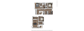 A floor plan of a two-bedroom apartment with a kitchen, living room, and bathroom.