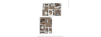 A floor plan of a two-story apartment with a living room, kitchen, and bedrooms.