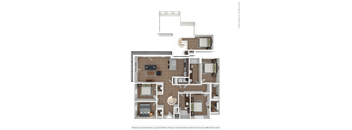 A detailed 3D floor plan of a multi-room apartment.