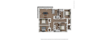 A detailed 3D floor plan of a two-bedroom apartment.