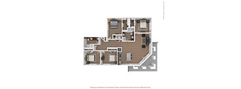 A floor plan of an apartment with two bedrooms, two bathrooms, a living room, a kitchen, and a staircase leading to the upper level.