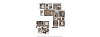 A detailed 3D floor plan of a two-bedroom apartment.