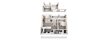 A white floor plan of a house with a kitchen, living room, and bedrooms.