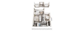 A 3D floor plan of a house with a kitchen, living room, and bathroom.