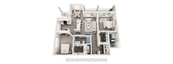 A floor plan of a house with a kitchen, living room, and bathrooms.