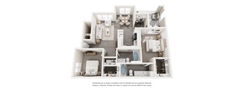 A white 3D floor plan of a house with multiple rooms.