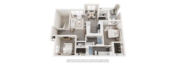 A 3D floor plan of a house with multiple rooms and furniture.