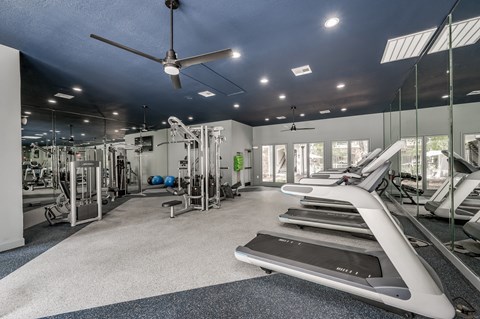A spacious gym with treadmills, weights, and mirrors.