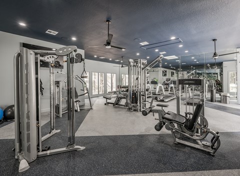 A gym with a variety of equipment including a leg press machine.