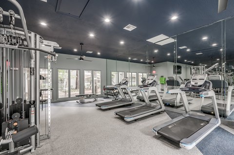 A spacious gym with treadmills, weights, and mirrors.