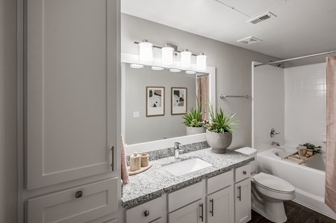 A bathroom with a sink, mirror, and toilet.