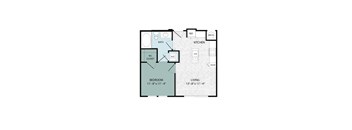 A floor plan of a small apartment with a bedroom, living room, kitchen, and bathroom.