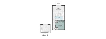 A floor plan of a balcony apartment with a living room, kitchen, bathroom, and bedroom.