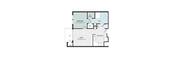 A floor plan of a house with a bedroom, bathroom, living room, kitchen, and dining area.