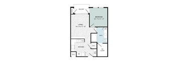 A floor plan of an apartment with a living room, kitchen, bathroom and bedroom.