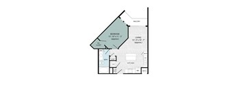 A floor plan of a home with a bedroom, living room, kitchen, and bathroom.