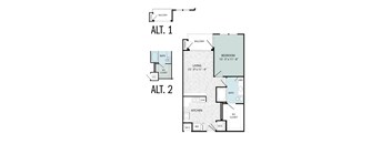 A floor plan of a two-story apartment with a living room, bedroom, and kitchen.
