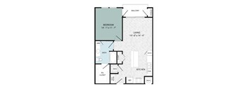 A floor plan of a home with a bedroom, living room, kitchen, and bathroom.