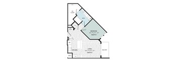 A floor plan of a house with a bedroom, living room, kitchen, and bathroom.