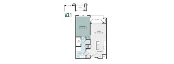 A 3.1 apartment floor plan with a bedroom, living room, kitchen, and bathroom.