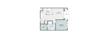 A floor plan of a home with a living room, kitchen, dining room, and bathroom.