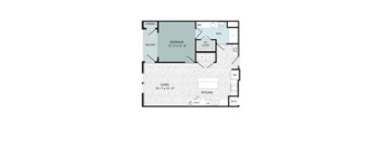 A floor plan of a small apartment with a living room, kitchen, bedroom, and bathroom.