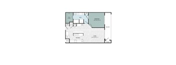 A floor plan of a small apartment with a bedroom, living room, kitchen, and storage space.
