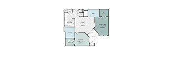 A floor plan of a house with a living room, two bedrooms, a pantry, two bathrooms, a storage area, and a balcony.