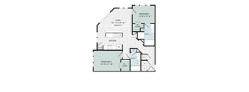 A floor plan of a two bedroom apartment with a living room, kitchen, and pantry.