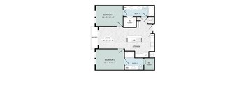 A floor plan of a two bedroom apartment with a living room and kitchen.