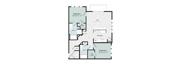 A floor plan of a two bedroom apartment with a living room, kitchen, and two bathrooms.
